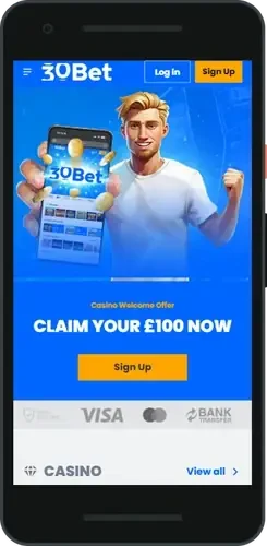 30Bet mobile game lobby